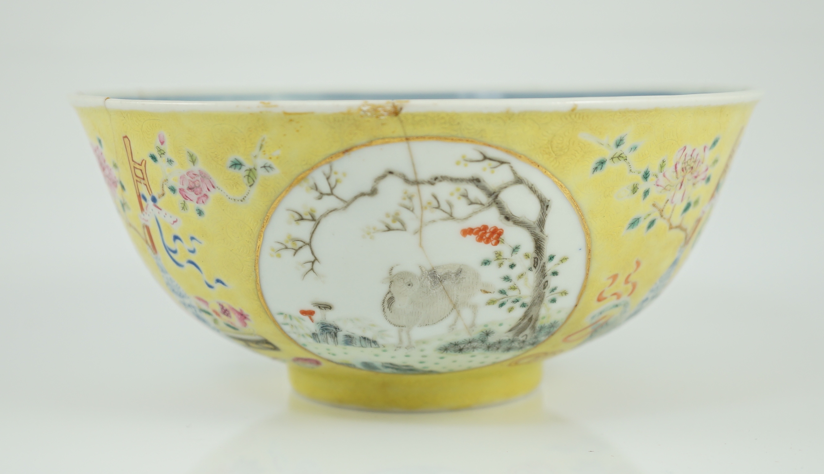 A Chinese yellow ground medallion bowl, Guangxu six character mark and of the period (1875-1908)